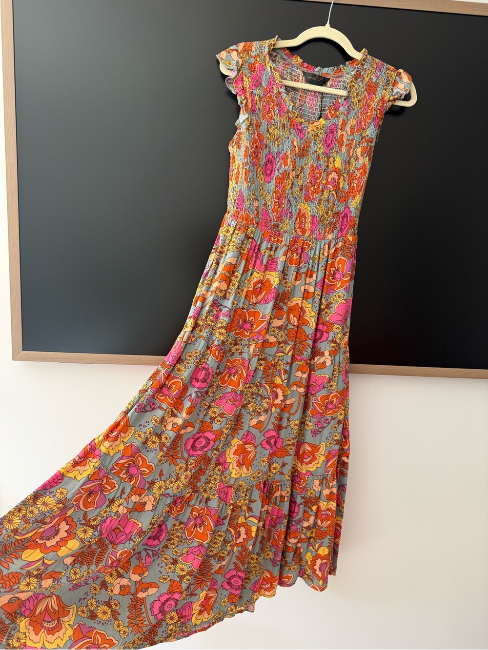 Floral Smocked Midi Dress in Pink & Orange - Picture 3 of 3